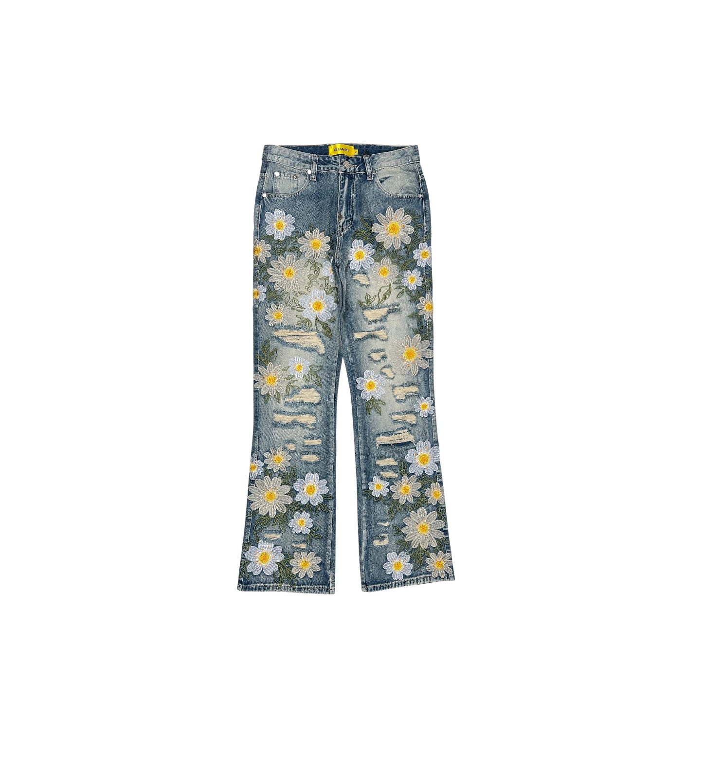 GUAPI
Floral-embroidered distressed jeans